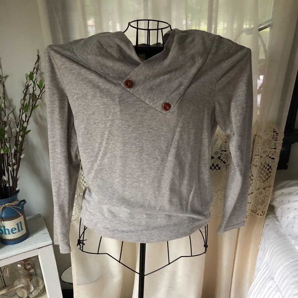 Grey cowl neck sweater with buttons